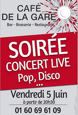 Soirée Concert Live Pop, Disco ... • Vendredi 5 juin 2015 à partir de 20h30 à Bois le Roi, au Café de la Gare